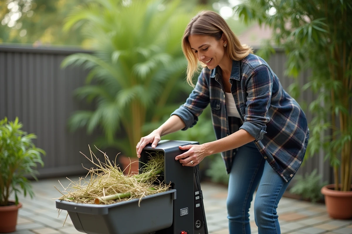 Femme utilisant un broyeur pour traiter des bambous dans son jardin