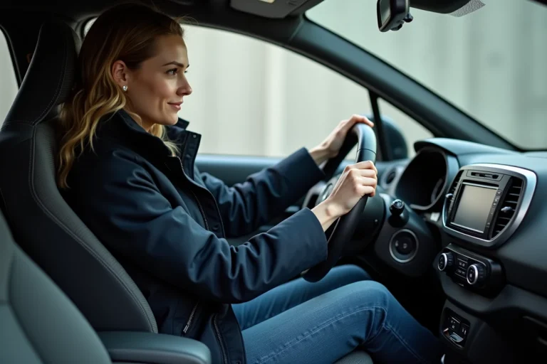 Femme en parka navy dans la voiture moderne