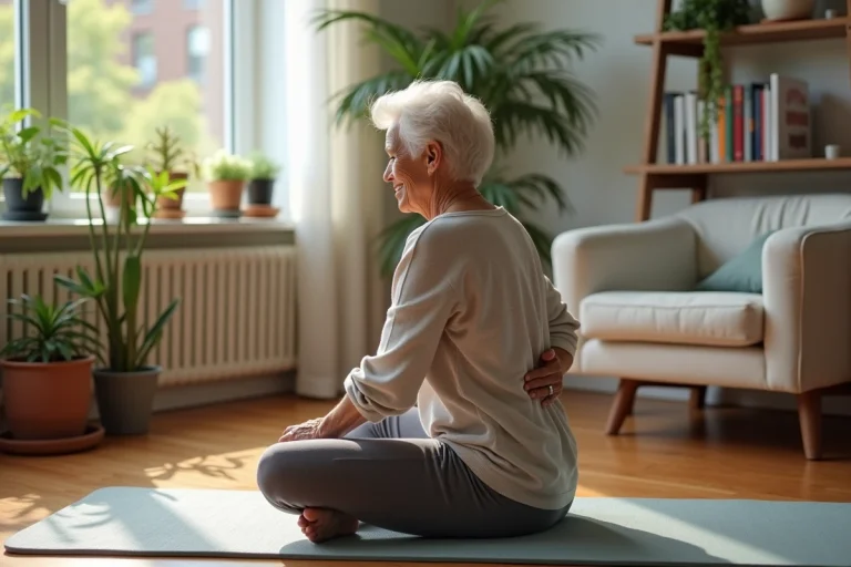 Femme senior souriante faisant du yoga à la maison