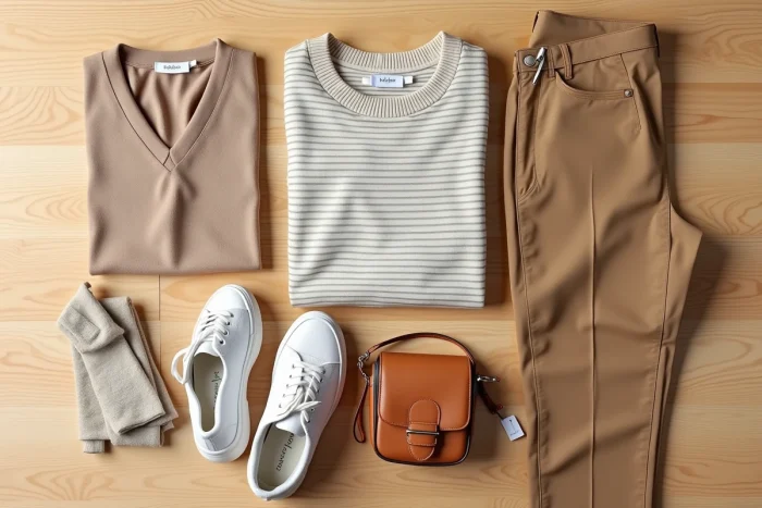 Flat lay de vêtements et accessoires féminins tendance représentant des alternatives mode accessibles à Zara