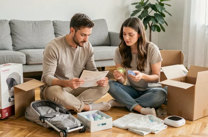 Couple de futurs parents qui déballent et testent des équipements de puériculture sur le sol de leur salon