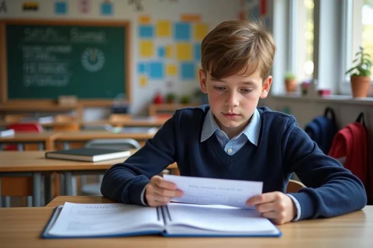 Garçon français de 12 ans en pull scolaire assis à un bureau