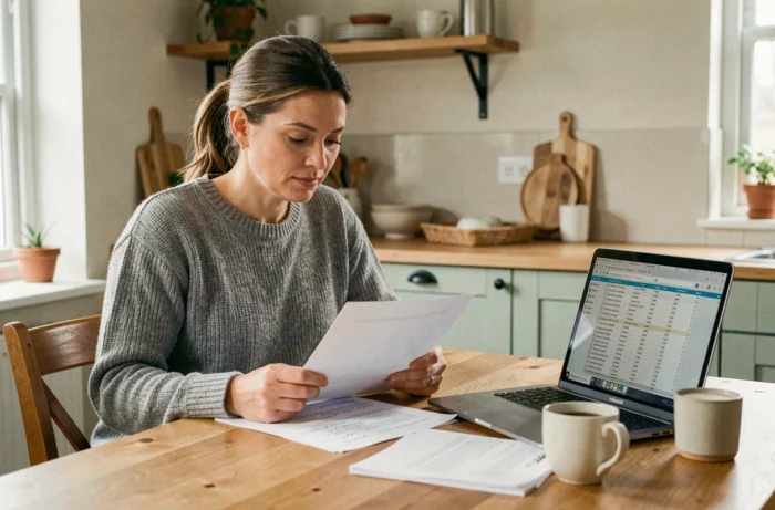 Femme gérant son budget personnel à la maison avec des feuilles de calcul et un ordinateur portable sur une table en bois