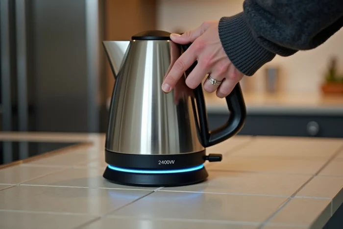 Gros plan sur l'étiquette de puissance 2400W d'une bouilloire électrique tenue par un homme dans une cuisine