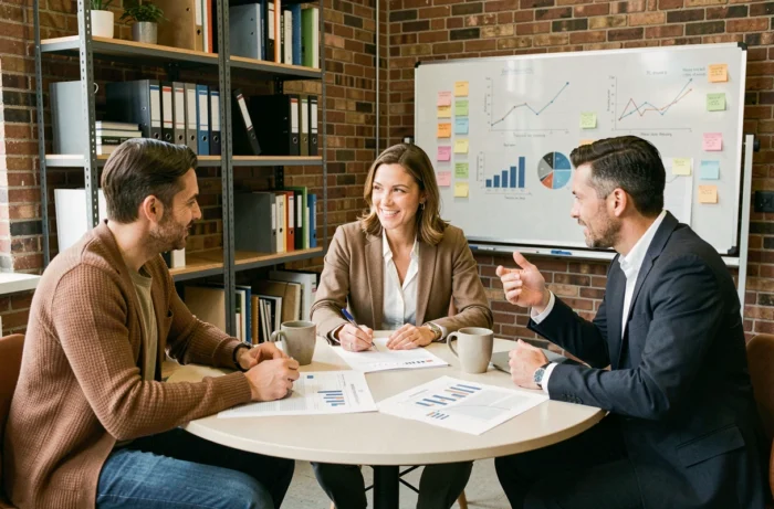 Groupe de professionnels de la finance discutant des tendances économiques autour d'une table en espace de coworking