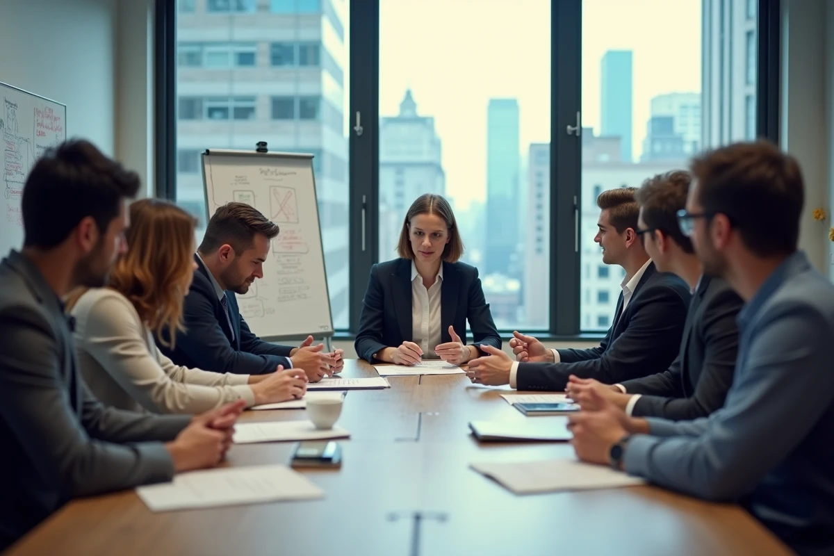 Groupe de professionnels en formation en présentiel autour d