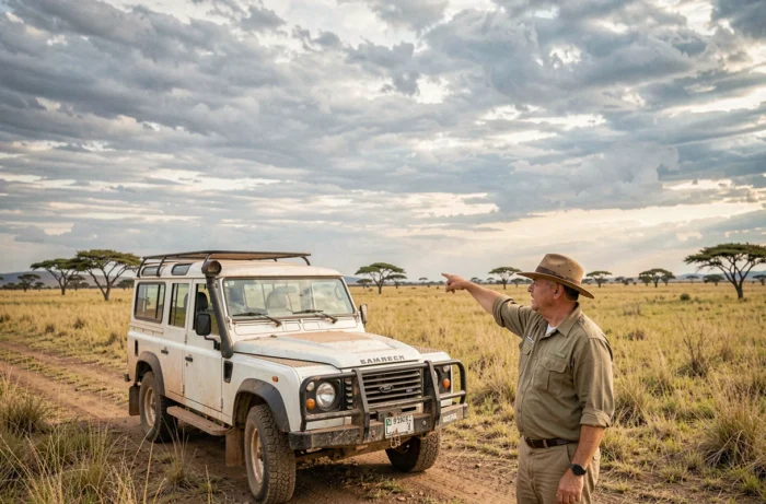 Guide safari tanzanien debout près d'un 4x4 dans la savane du Serengeti lors d'un voyage organisé