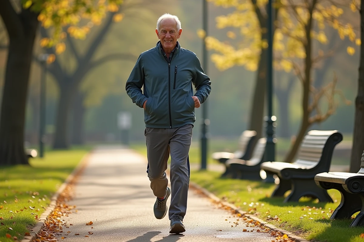 Homme âgé marchant dans un parc au printemps