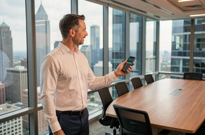 Homme d'affaires consultant des données boursières sur smartphone avec vue sur la skyline d'une grande ville
