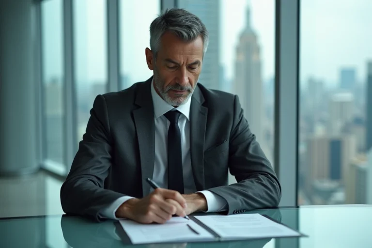 Homme d'affaires en costume gris fonce dans un bureau moderne