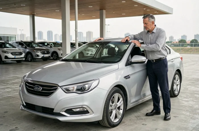 Un homme en chemise grise examine une voiture Daewoo argentée dans un espace de vente en plein air