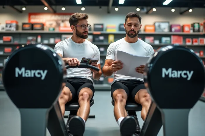 Homme comparant deux modèles de rameurs Marcy en magasin de sport, aide au choix selon les objectifs fitness