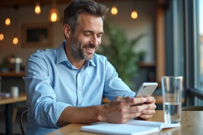 Homme utilisant Google Agenda sur smartphone pour configurer l'affichage des numéros de semaine dans un café
