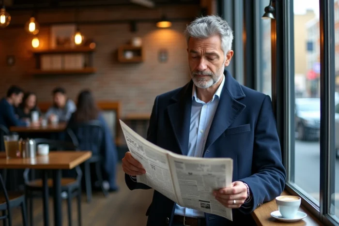Homme lisant un journal dans un café urbain avec vue sur la rue, ambiance éditoriale contemporaine