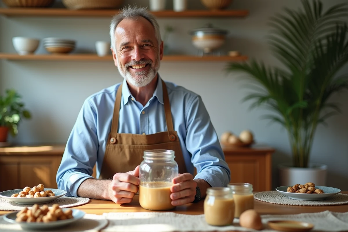 Homme en tablier récupère du beurre de noix dans un pot