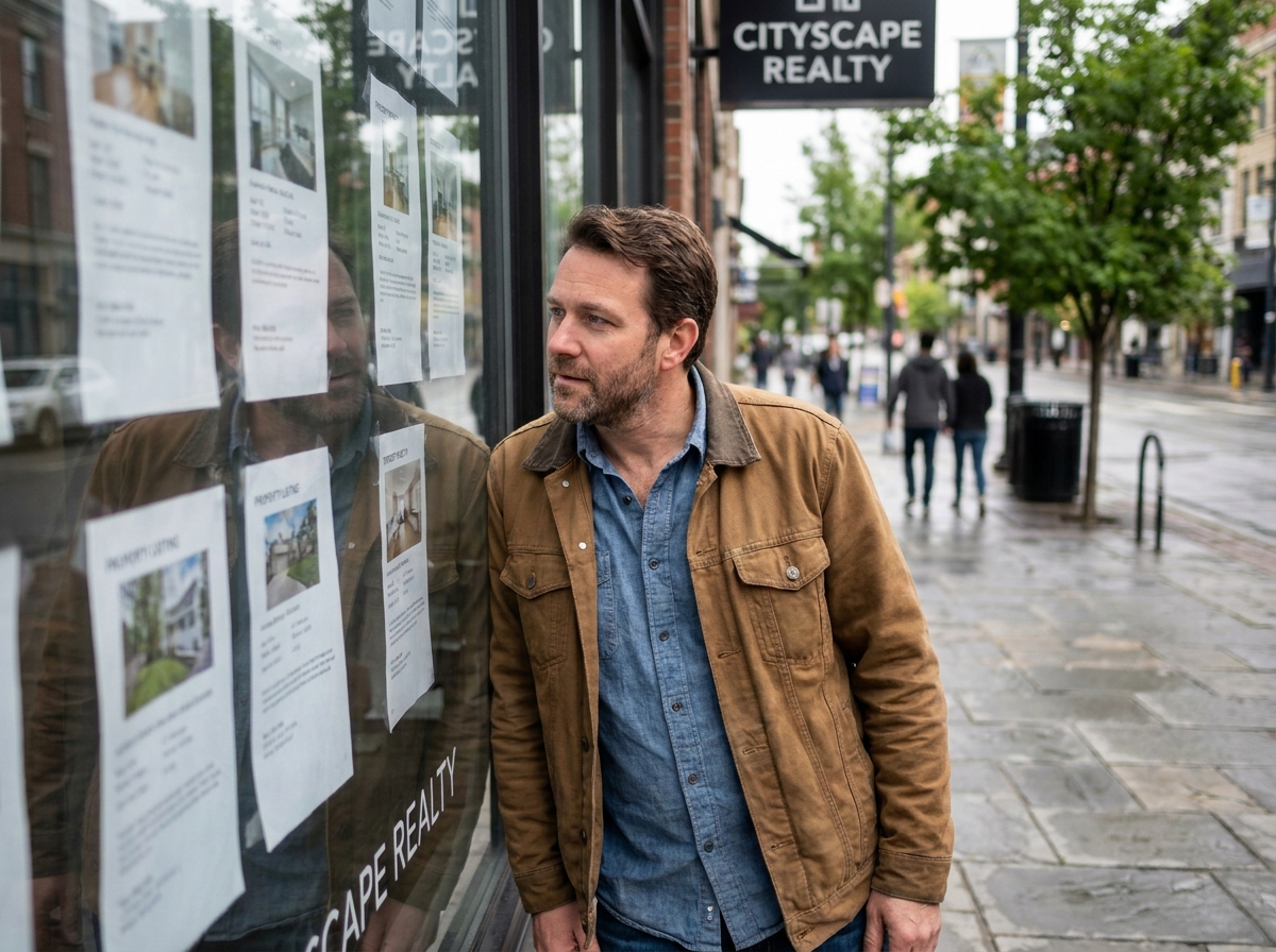 Homme regardant des annonces immobilières dans la rue