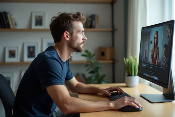 Homme regardant une série téléchargée sur son écran d'ordinateur dans un bureau à domicile moderne