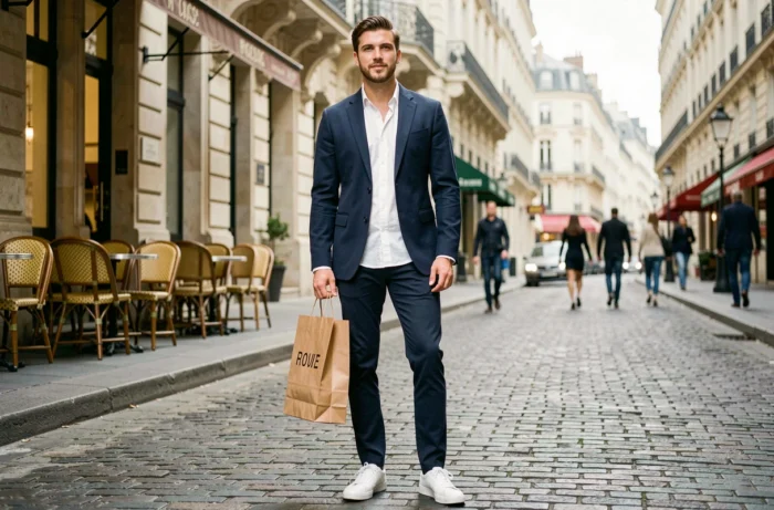 Homme stylé en tenue casual chic dans une rue parisienne avec sac shopping, tendances mode masculine