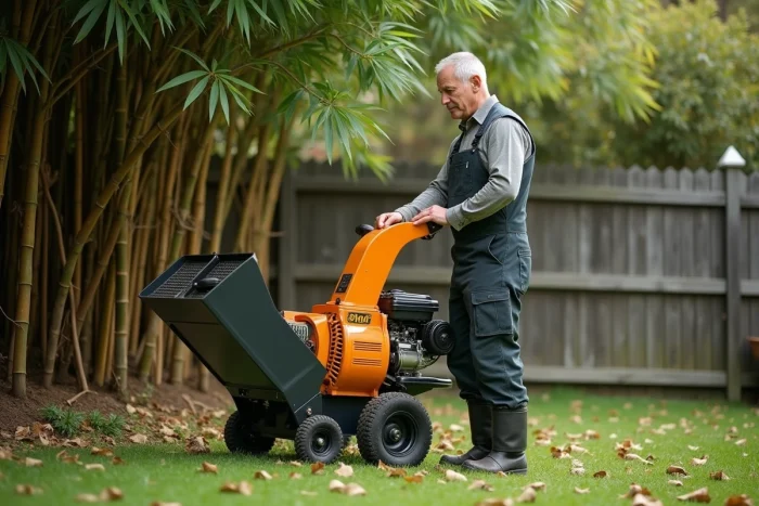 Homme en tenue de travail examine un broyeur de jardin dans son jardin