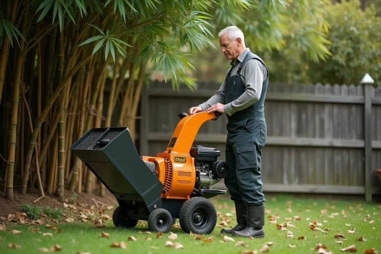 Homme en tenue de travail examine un broyeur de jardin dans son jardin