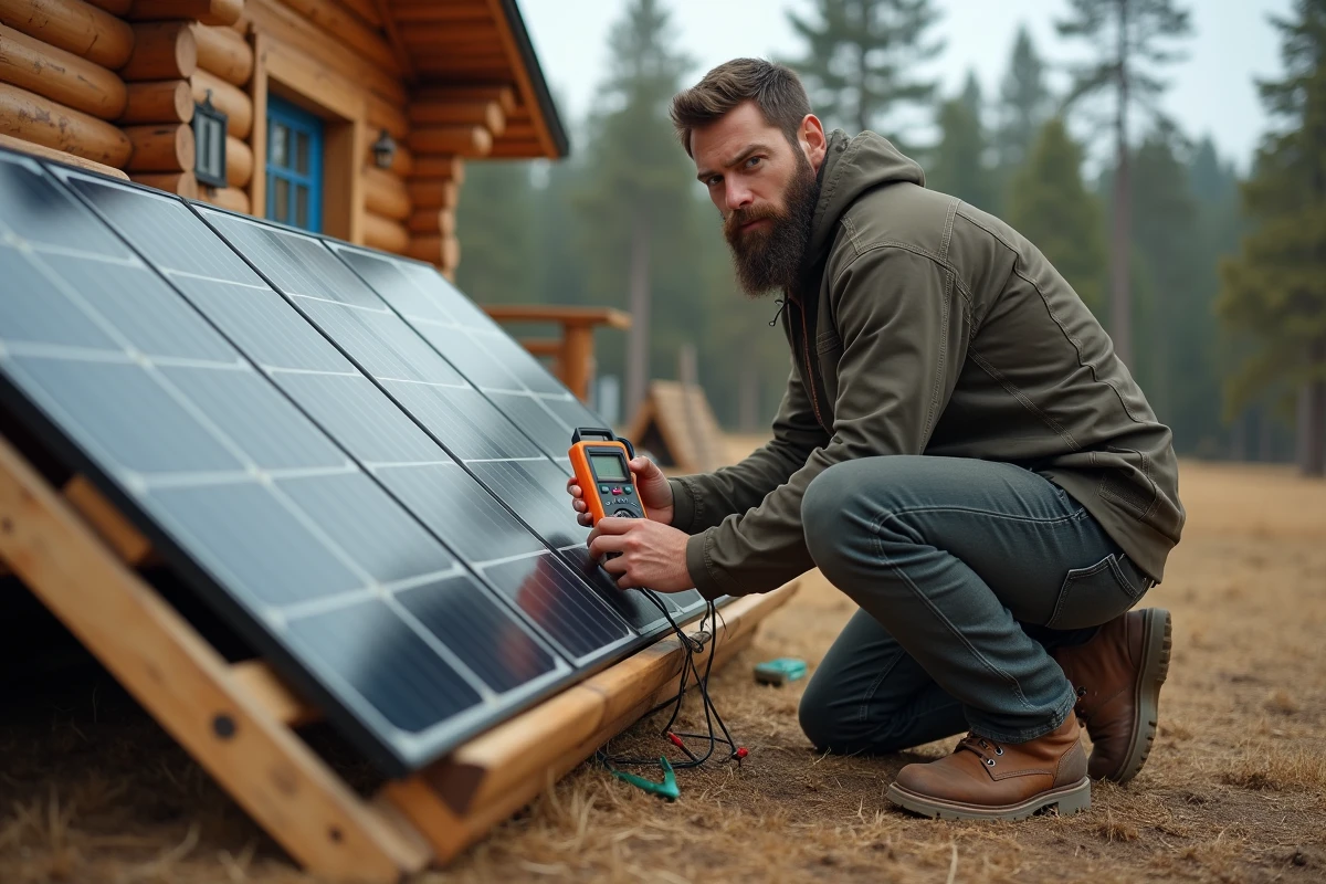 Homme avec barbe vérifiant des panneaux solaires en extérieur