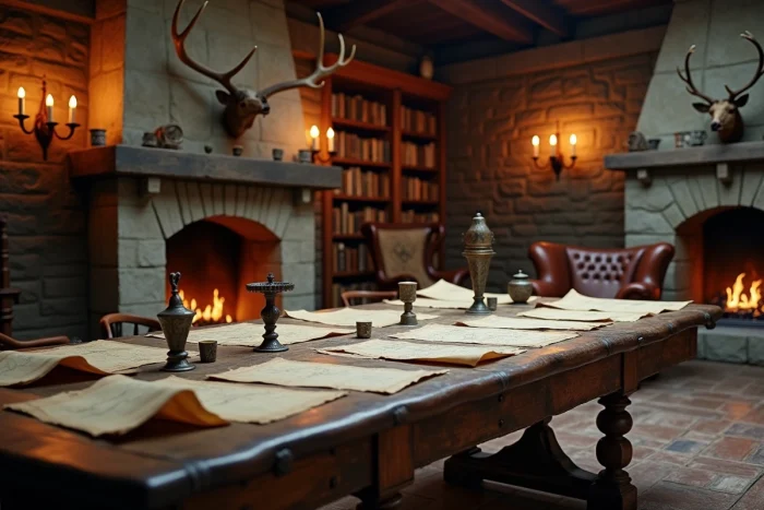 Grande salle intérieure d'un manoir médiéval avec cheminée en pierre, table en bois et parchemins éparpillés, ambiance nordique