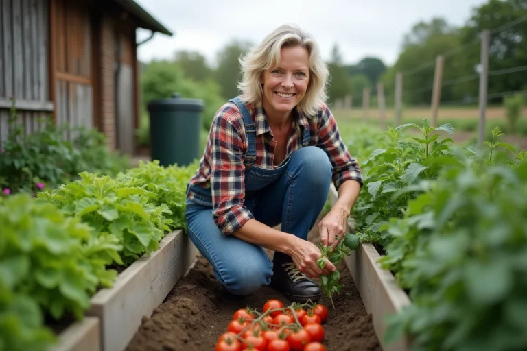 Femme d'âge moyen dans un jardin potager en pleine nature