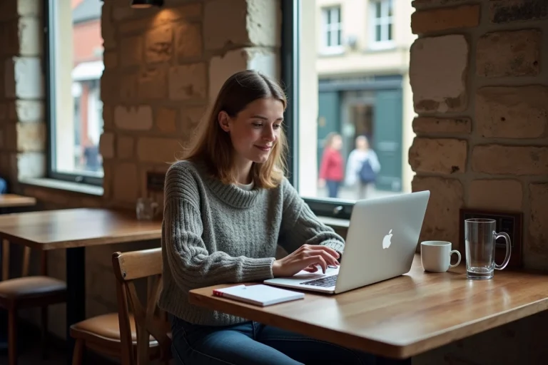 Jeune femme bretonne en développement web dans un café