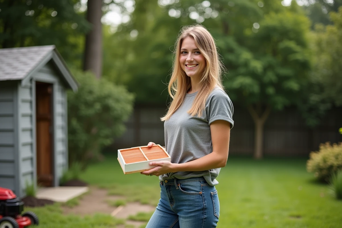 Jeune femme souriante tenant un filtre propre dans le jardin