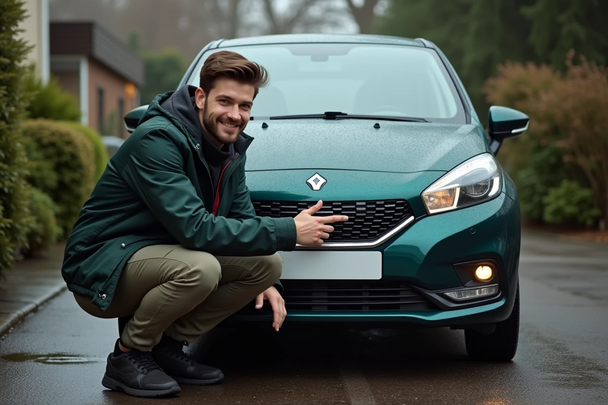 Jeune homme montrant les feux de brouillard de la voiture