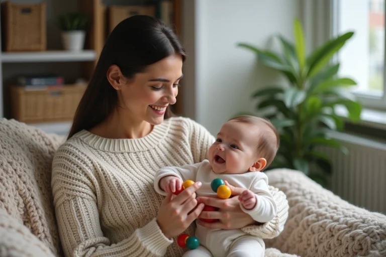 Maman souriante avec son bébé dans un salon chaleureux