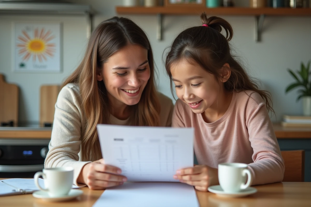 Maman et fille regardant un bulletin scolaire à la cuisine