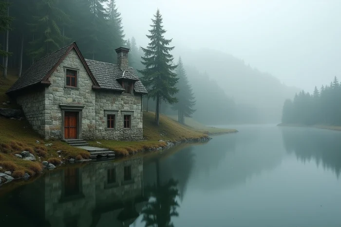 Manoir en pierre au bord d'un lac de montagne brumeux entouré de sapins, architecture médiévale nordique dans Skyrim