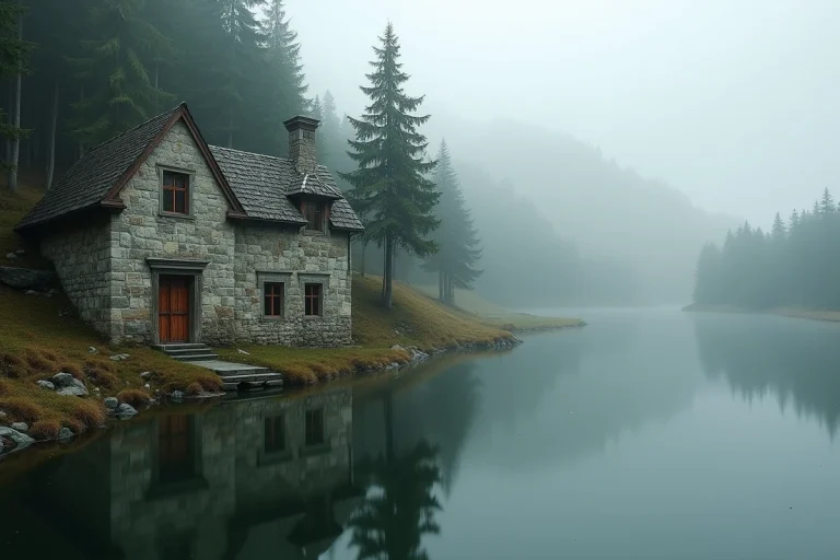 Manoir en pierre au bord d'un lac de montagne brumeux entouré de sapins, architecture médiévale nordique dans Skyrim