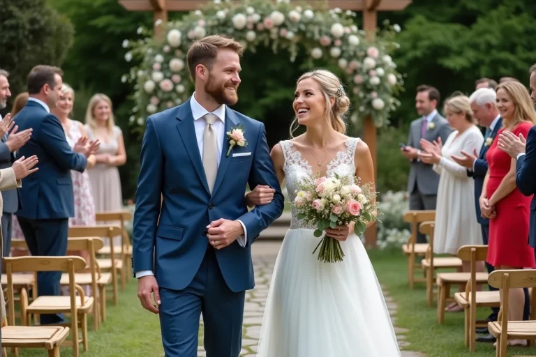 Jeune couple de mariés dans un cadre rustique lors de leur mariage