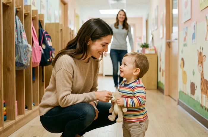 Mère accompagnant son enfant à l'entrée de la crèche avec tendresse et bienveillance