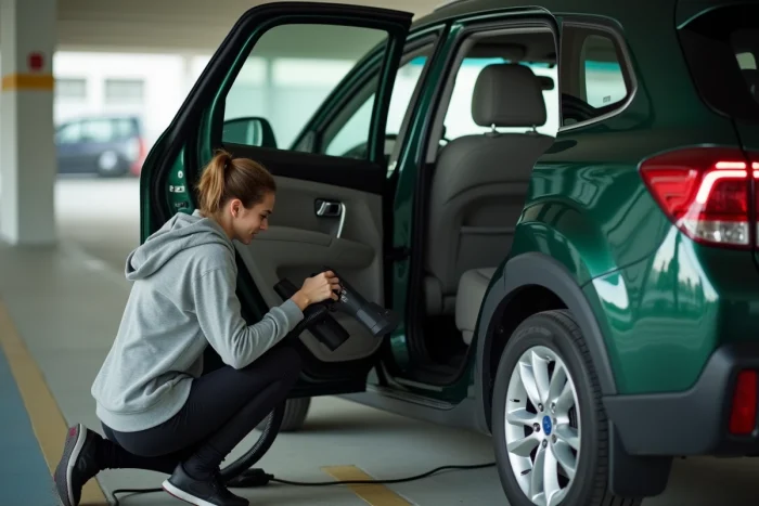 Femme aspirant l'intérieur d'un SUV vert dans un parking souterrain