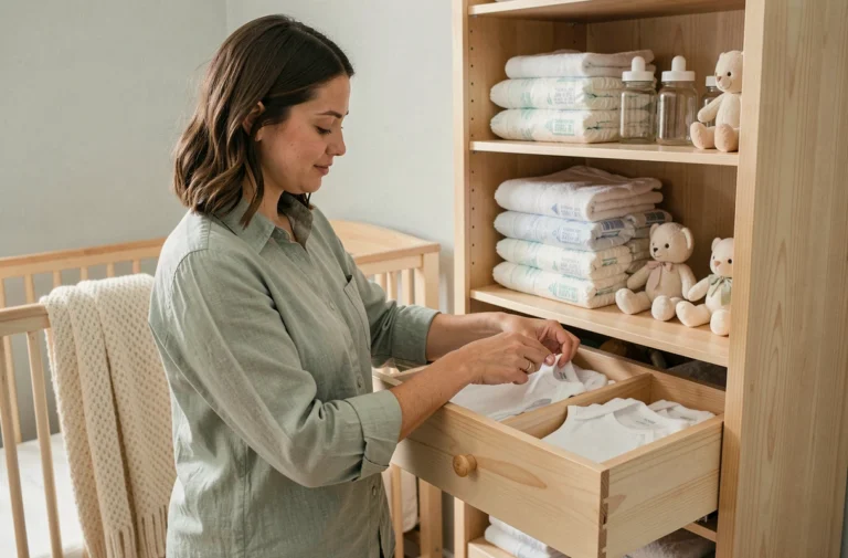 Jeune mère qui organise les vêtements et accessoires de puériculture dans une chambre de bébé en bois naturel