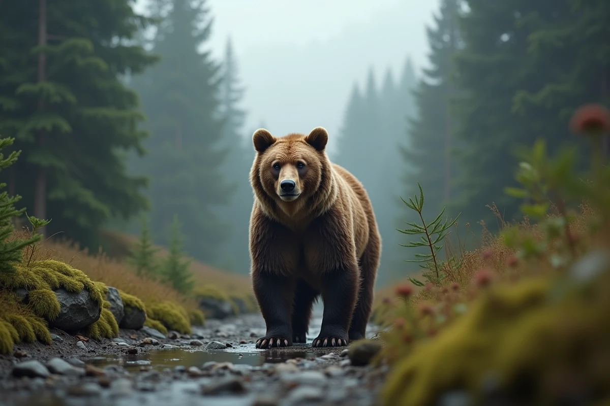Ours brun sauvage dans une forêt brumeuse et verdoyante
