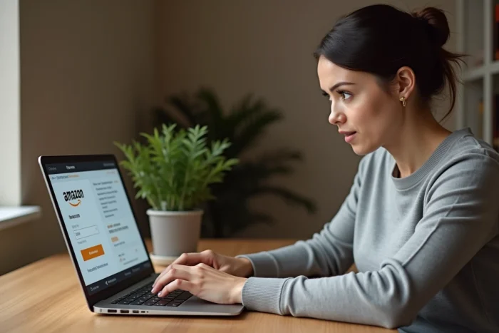 Femme effectuant un paiement Amazon sans validation 3D Secure sur son ordinateur portable à domicile