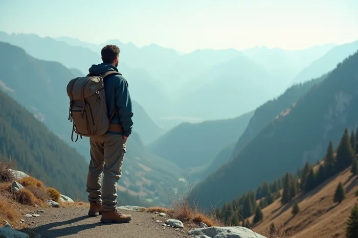 Randonneur avec sac à dos admirant un panorama de montagne depuis un belvédère en plein air