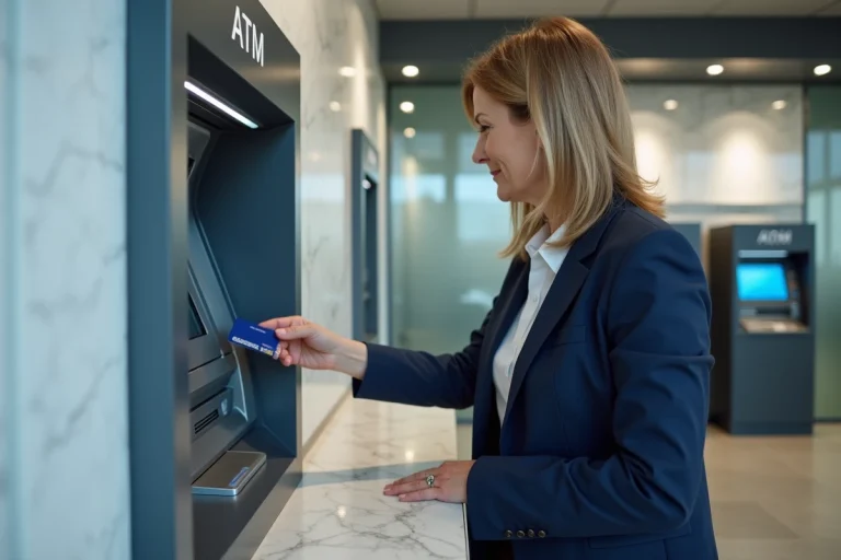 Femme retirant de l'argent au guichet automatique Crédit Mutuel dans une agence bancaire moderne