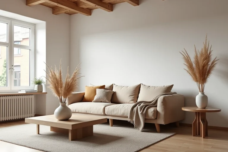 Salon scandinave décoré avec un canapé en lin, une table basse en teck et des herbes de la pampa dans un appartement lumineux