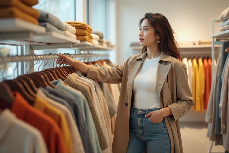 Jeune femme qui fait du shopping dans une boutique de mode accessible, alternative à Zara avec des vêtements colorés en rayon
