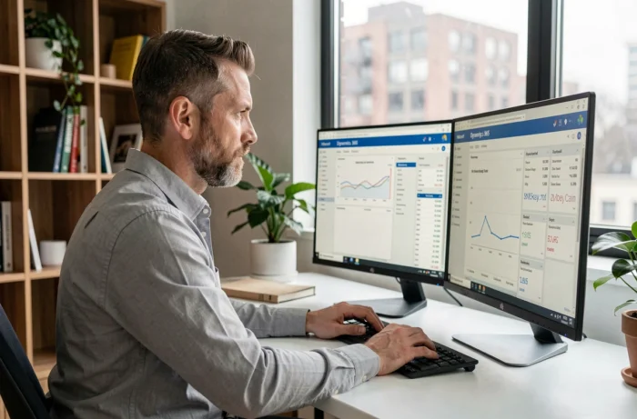 Un homme en télétravail gérant les opérations de son entreprise via Microsoft Dynamics 365 sur deux écrans dans un bureau à domicile