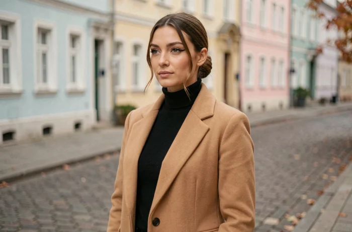 Femme élégante avec un maquillage graphique tendance dans une rue pavée européenne en automne