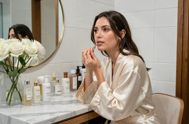 Femme appliquant un soin beauté devant un miroir de coiffeuse minimaliste dans une salle de bain moderne