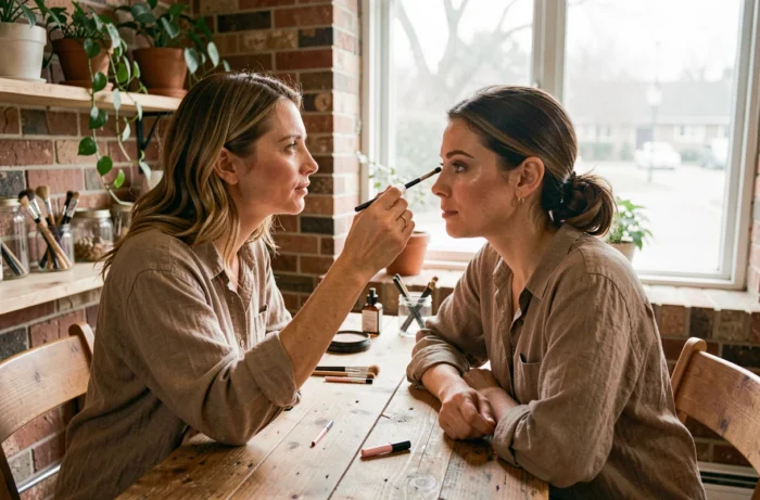 Deux femmes dans un studio beauté artisanal appliquant un soin naturel pour les sourcils tendance