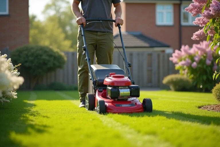 Homme tondeuse gazon jardin pavillonnaire lundi de Pentecôte